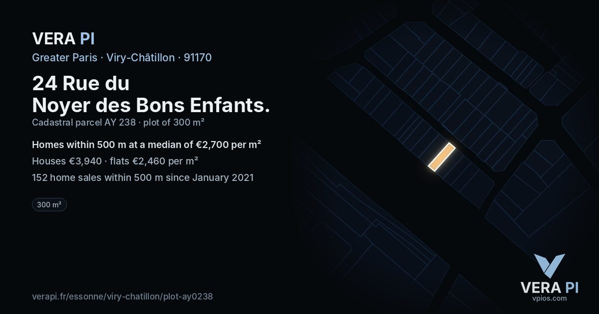 24 Rue du Noyer des Bons Enfants, Viry-Châtillon at night – the plot lit, the parcels around coloured by the prices near them