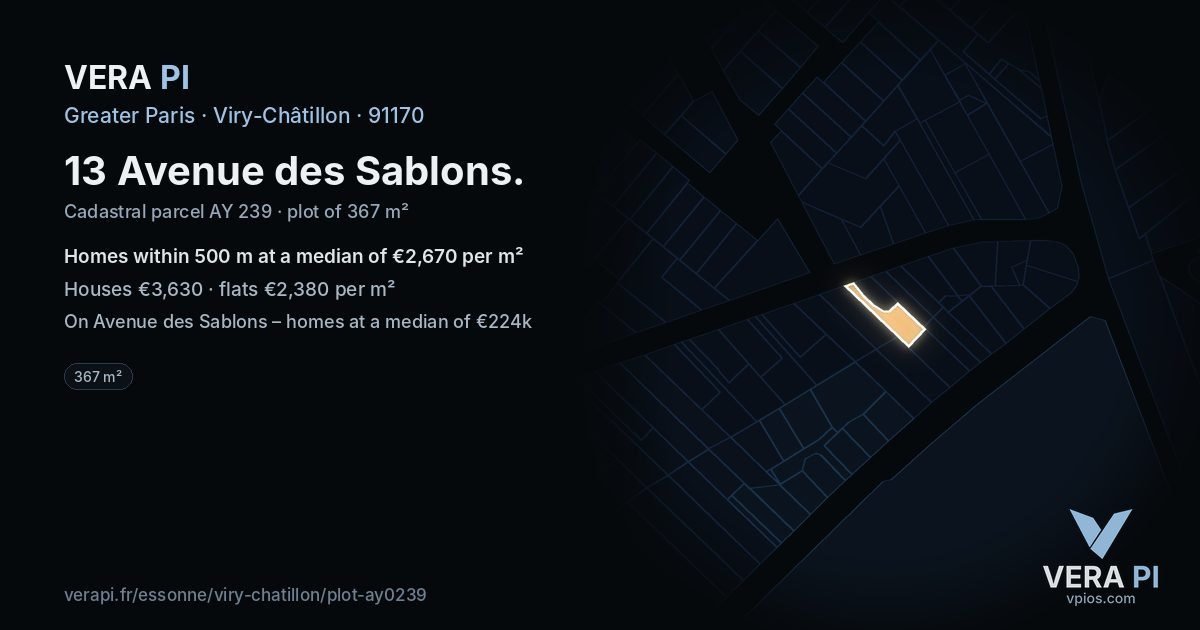 13 Avenue des Sablons, Viry-Châtillon at night – the plot lit, the parcels around coloured by the prices near them