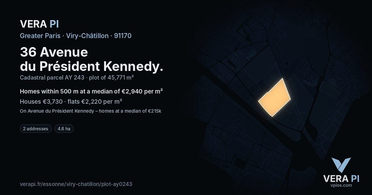 36 Avenue du Président Kennedy, Viry-Châtillon at night – the plot lit, the parcels around coloured by the prices near them