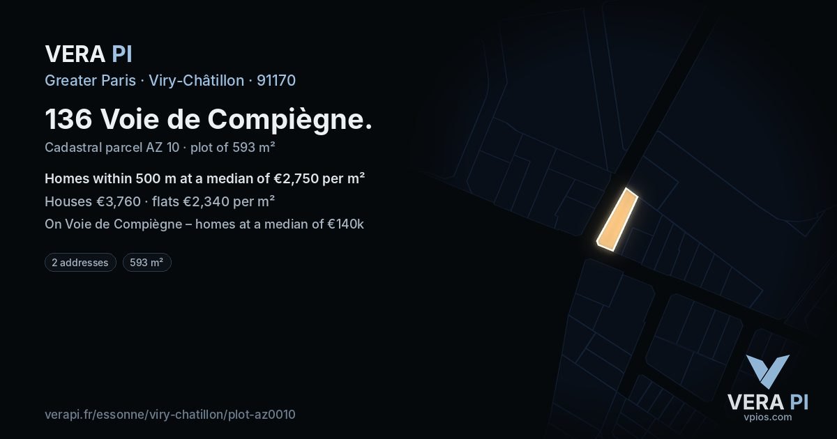 136 Voie de Compiègne, Viry-Châtillon at night – the plot lit, the parcels around coloured by the prices near them
