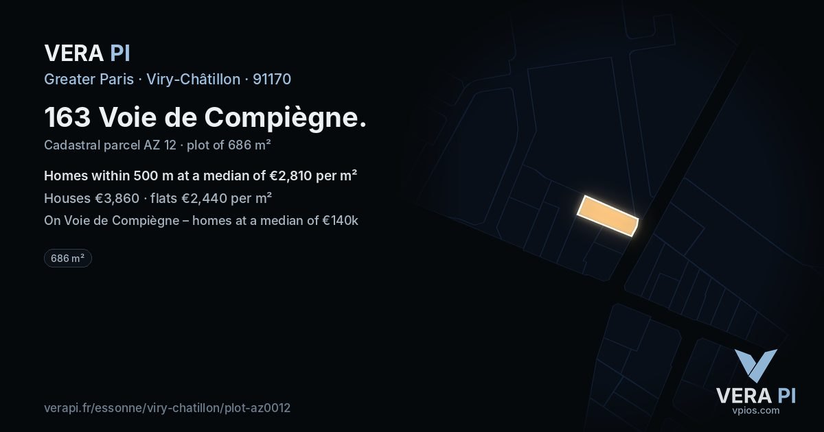 163 Voie de Compiègne, Viry-Châtillon at night – the plot lit, the parcels around coloured by the prices near them