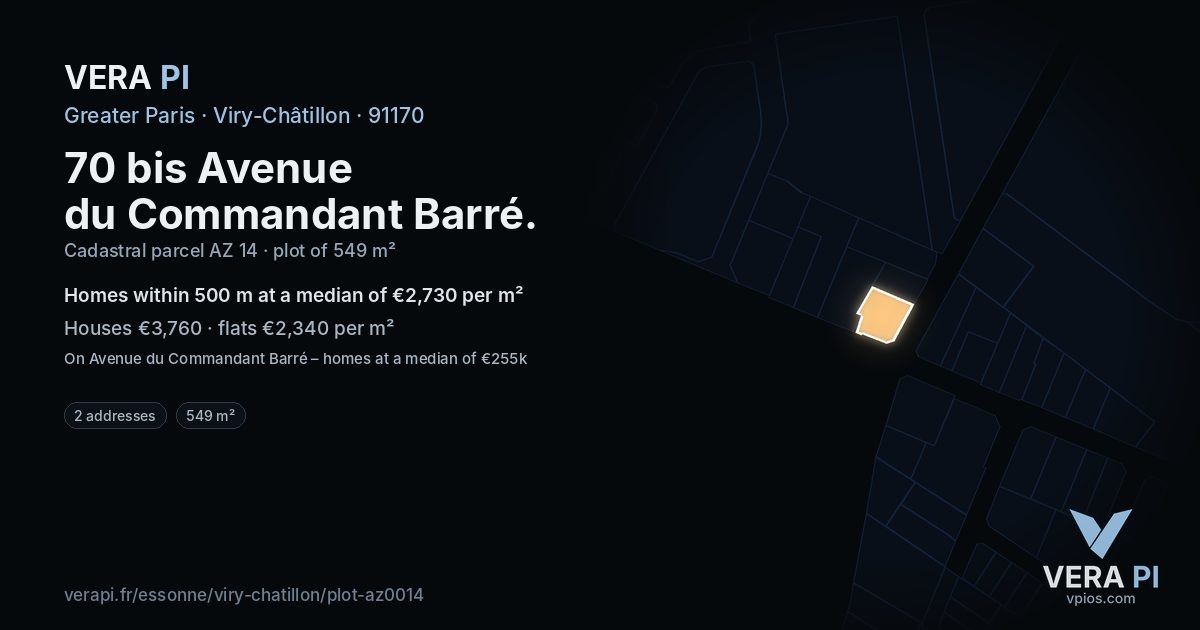 70 bis Avenue du Commandant Barré, Viry-Châtillon at night – the plot lit, the parcels around coloured by the prices near them