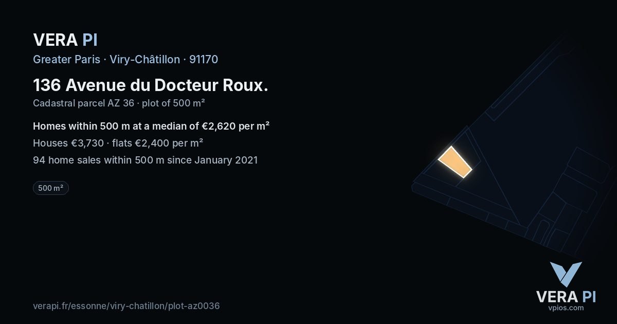 136 Avenue du Docteur Roux, Viry-Châtillon at night – the plot lit, the parcels around coloured by the prices near them