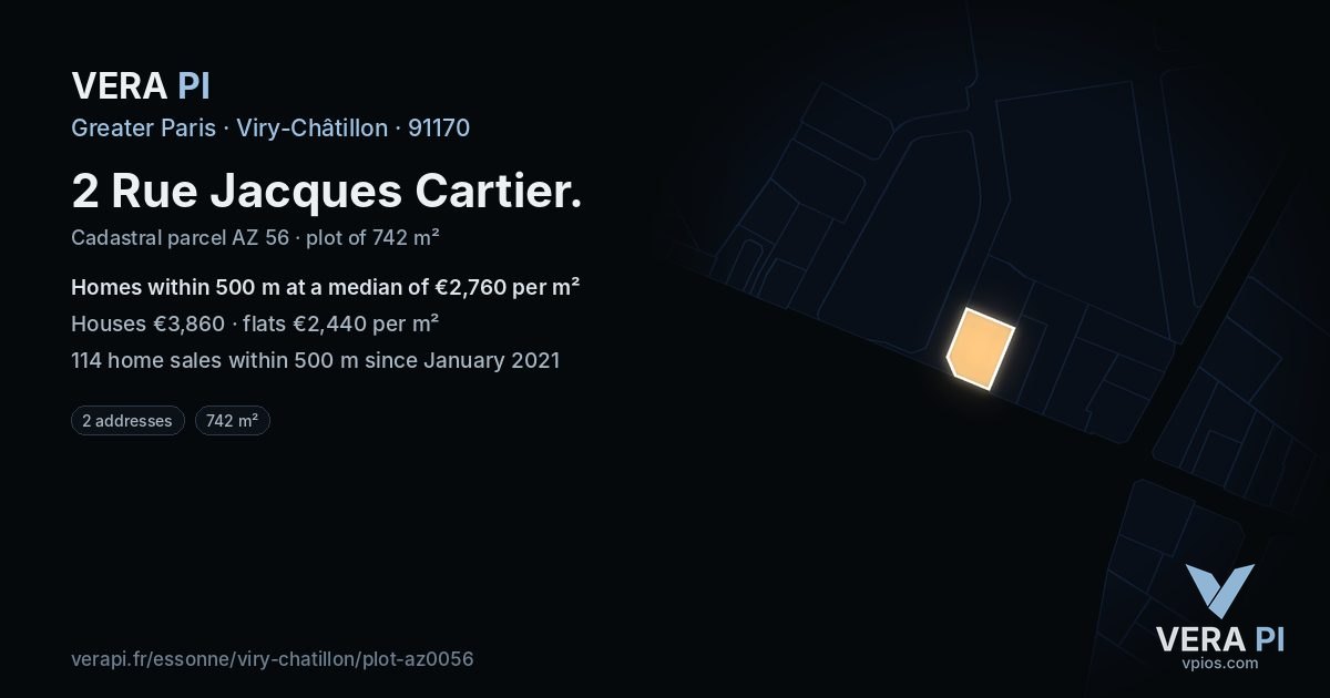 2 Rue Jacques Cartier, Viry-Châtillon at night – the plot lit, the parcels around coloured by the prices near them