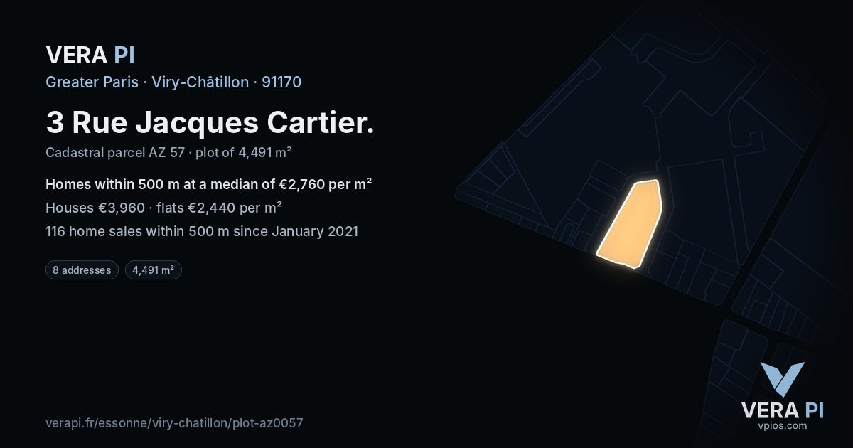 3 Rue Jacques Cartier, Viry-Châtillon at night – the plot lit, the parcels around coloured by the prices near them