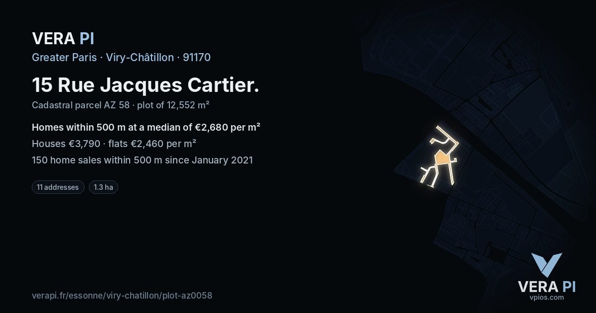 15 Rue Jacques Cartier, Viry-Châtillon at night – the plot lit, the parcels around coloured by the prices near them