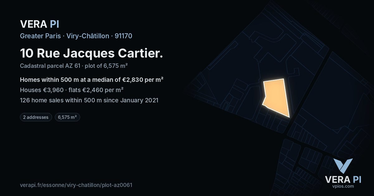 10 Rue Jacques Cartier, Viry-Châtillon at night – the plot lit, the parcels around coloured by the prices near them