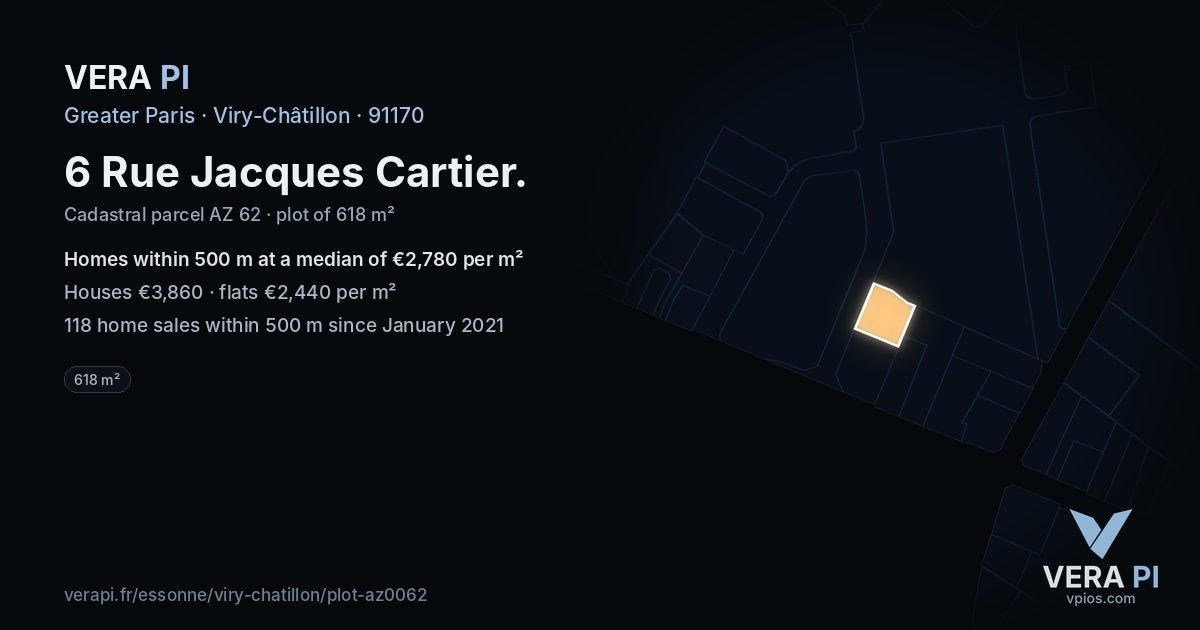 6 Rue Jacques Cartier, Viry-Châtillon at night – the plot lit, the parcels around coloured by the prices near them