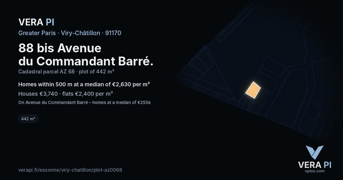 88 bis Avenue du Commandant Barré, Viry-Châtillon at night – the plot lit, the parcels around coloured by the prices near them