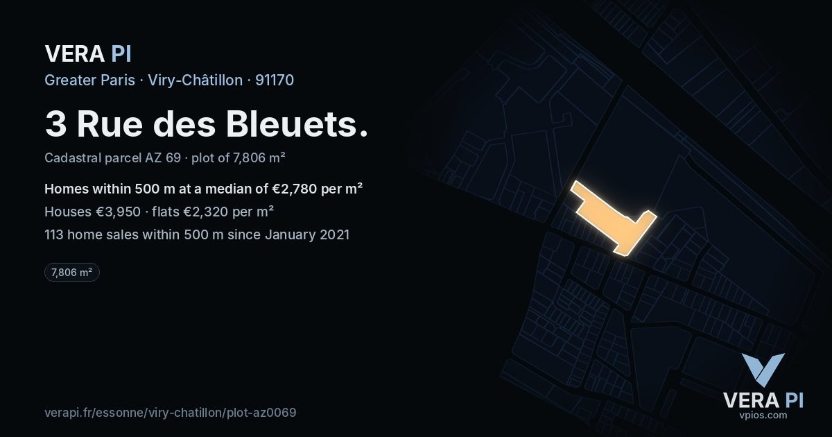 3 Rue des Bleuets, Viry-Châtillon at night – the plot lit, the parcels around coloured by the prices near them