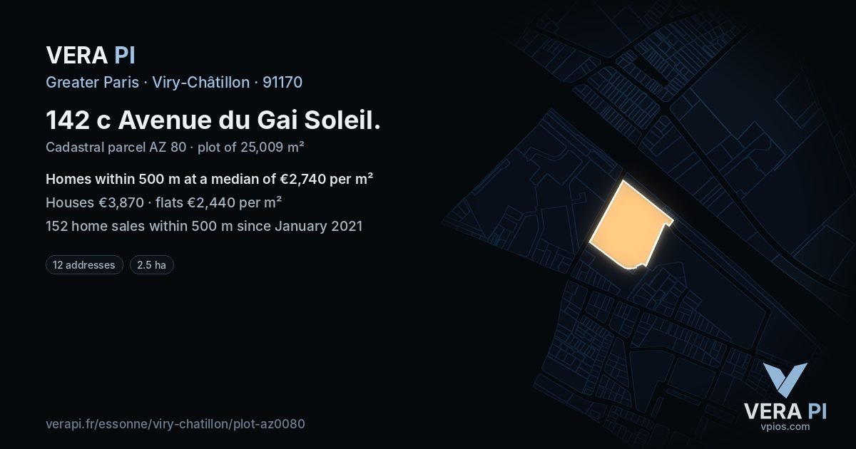 142 c Avenue du Gai Soleil, Viry-Châtillon at night – the plot lit, the parcels around coloured by the prices near them