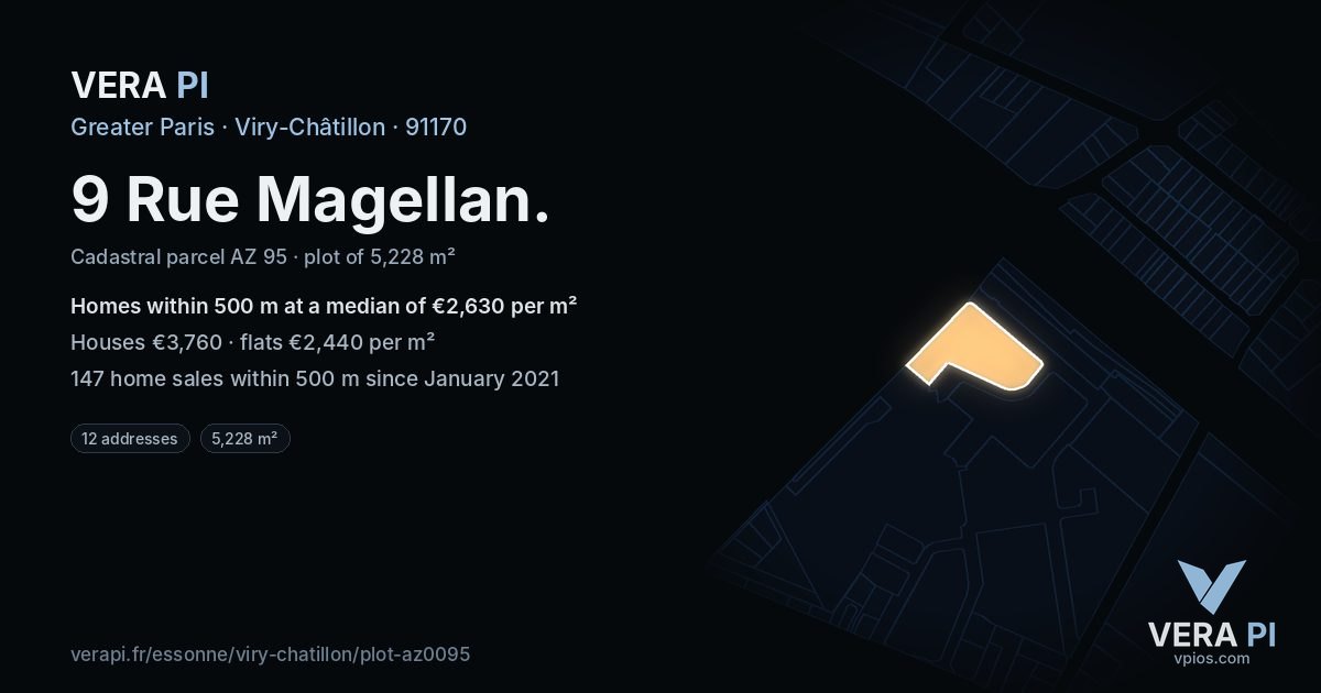 9 Rue Magellan, Viry-Châtillon at night – the plot lit, the parcels around coloured by the prices near them