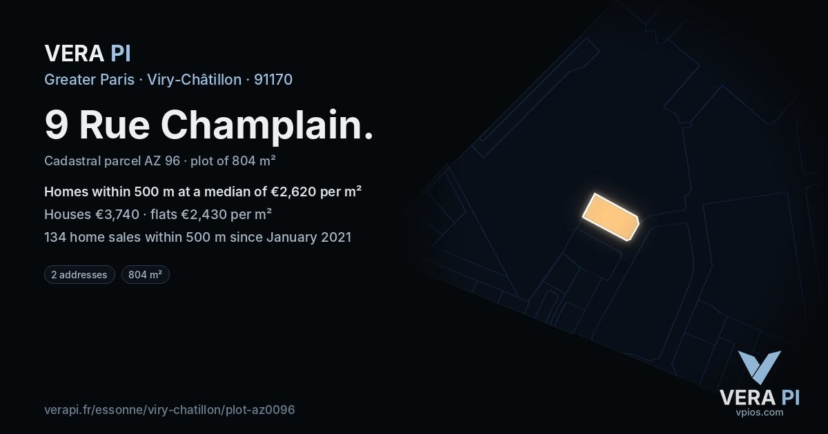 9 Rue Champlain, Viry-Châtillon at night – the plot lit, the parcels around coloured by the prices near them