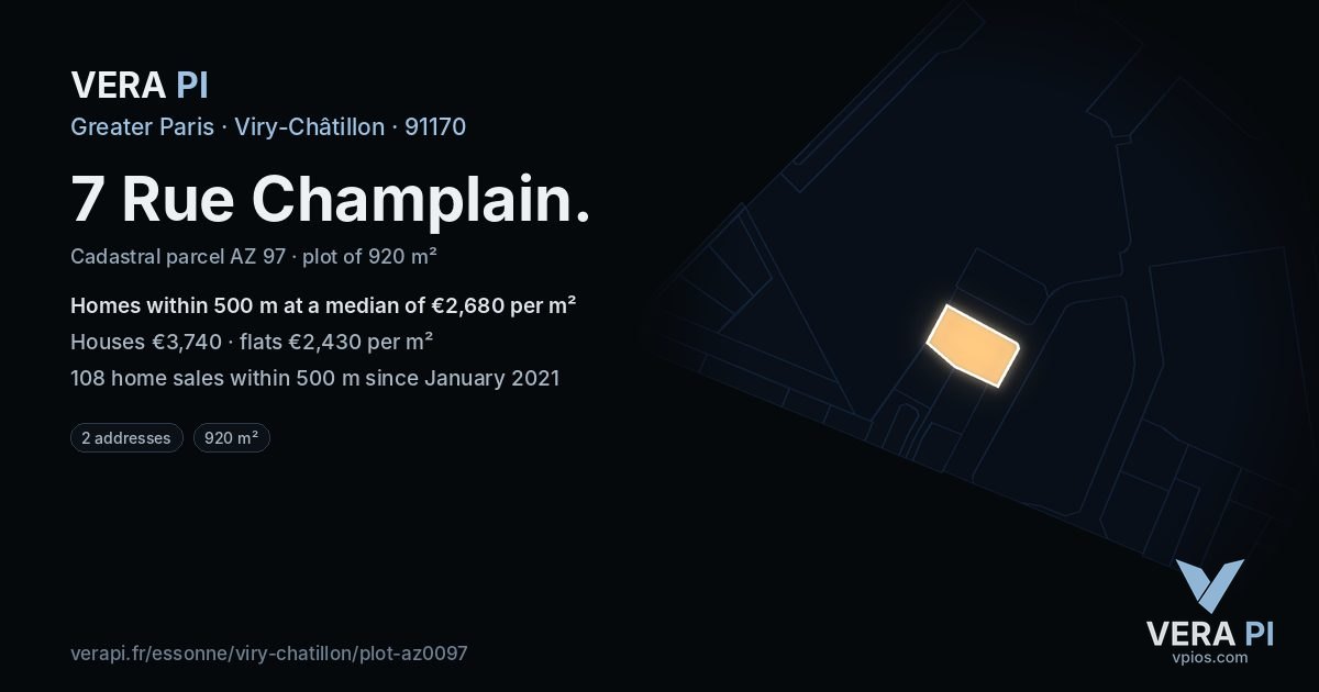 7 Rue Champlain, Viry-Châtillon at night – the plot lit, the parcels around coloured by the prices near them