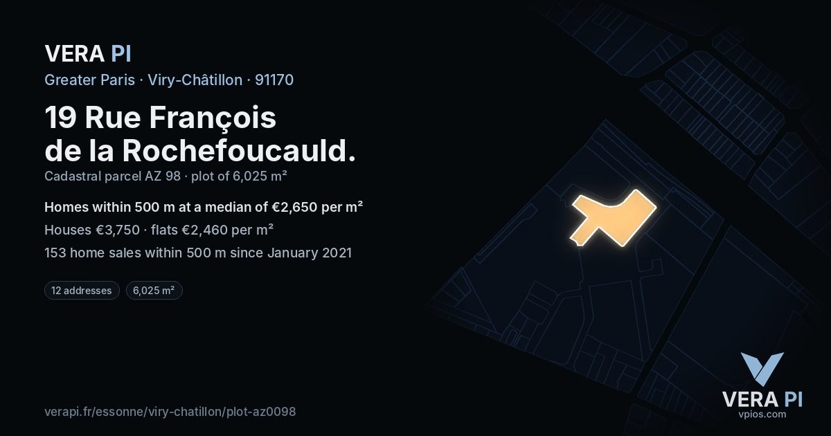 19 Rue François de la Rochefoucauld, Viry-Châtillon at night – the plot lit, the parcels around coloured by the prices near them