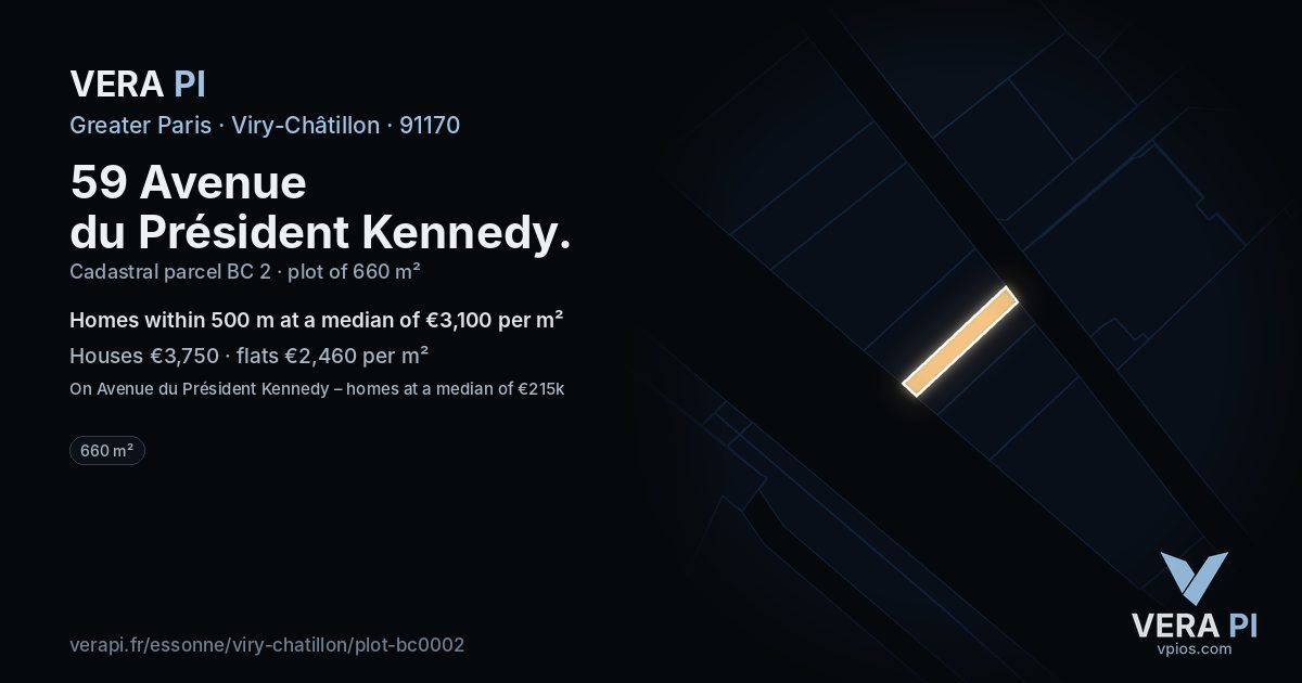 59 Avenue du Président Kennedy, Viry-Châtillon at night – the plot lit, the parcels around coloured by the prices near them