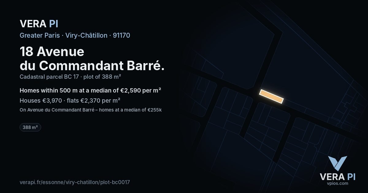 18 Avenue du Commandant Barré, Viry-Châtillon at night – the plot lit, the parcels around coloured by the prices near them
