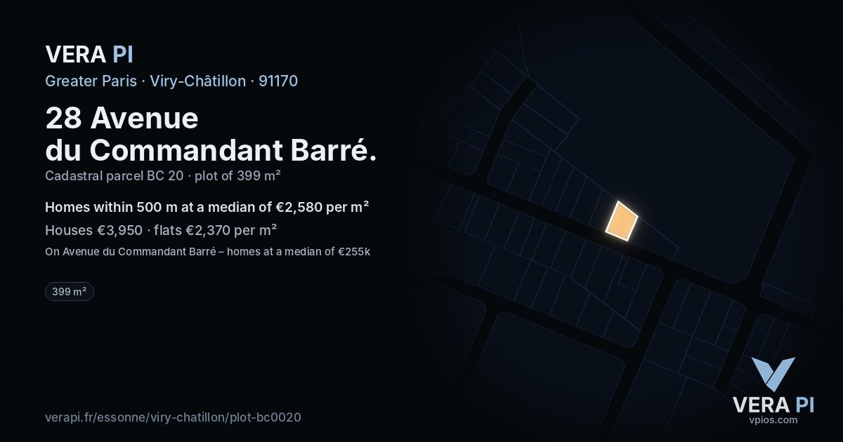 28 Avenue du Commandant Barré, Viry-Châtillon at night – the plot lit, the parcels around coloured by the prices near them