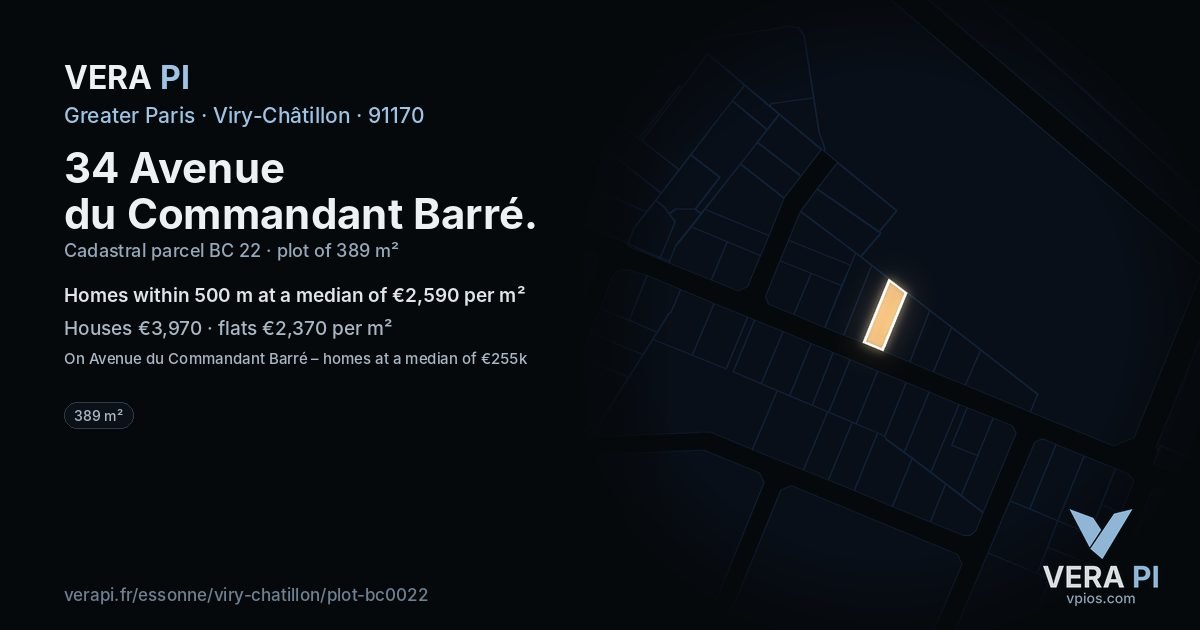 34 Avenue du Commandant Barré, Viry-Châtillon at night – the plot lit, the parcels around coloured by the prices near them