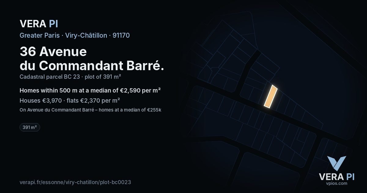 36 Avenue du Commandant Barré, Viry-Châtillon at night – the plot lit, the parcels around coloured by the prices near them