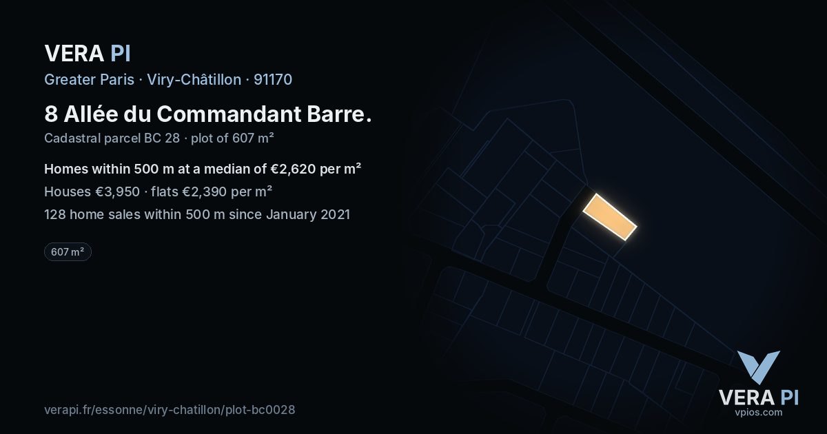 8 Allée du Commandant Barre, Viry-Châtillon at night – the plot lit, the parcels around coloured by the prices near them