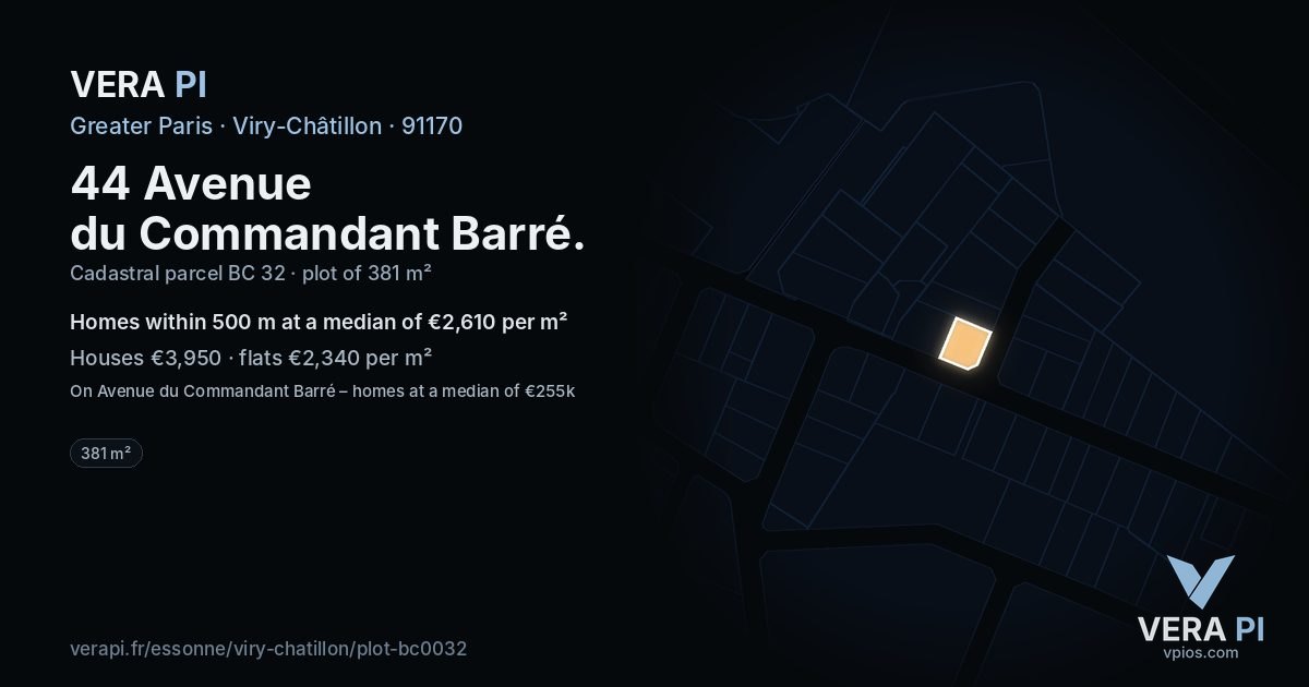 44 Avenue du Commandant Barré, Viry-Châtillon at night – the plot lit, the parcels around coloured by the prices near them