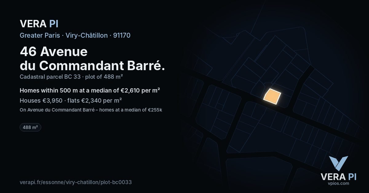 46 Avenue du Commandant Barré, Viry-Châtillon at night – the plot lit, the parcels around coloured by the prices near them