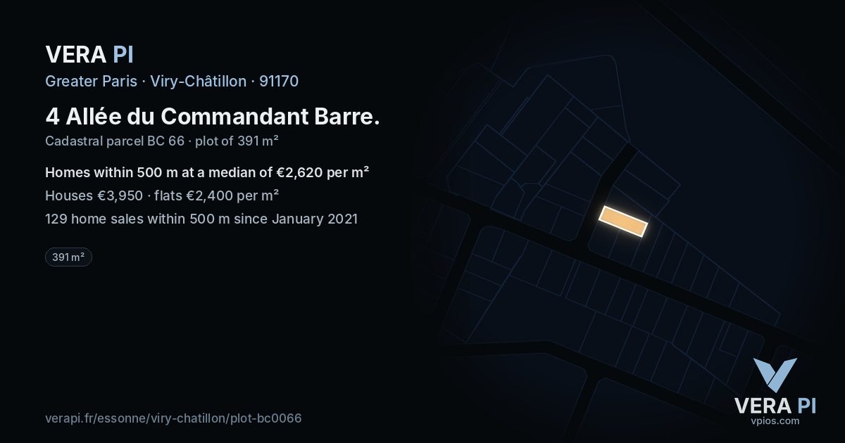 4 Allée du Commandant Barre, Viry-Châtillon at night – the plot lit, the parcels around coloured by the prices near them