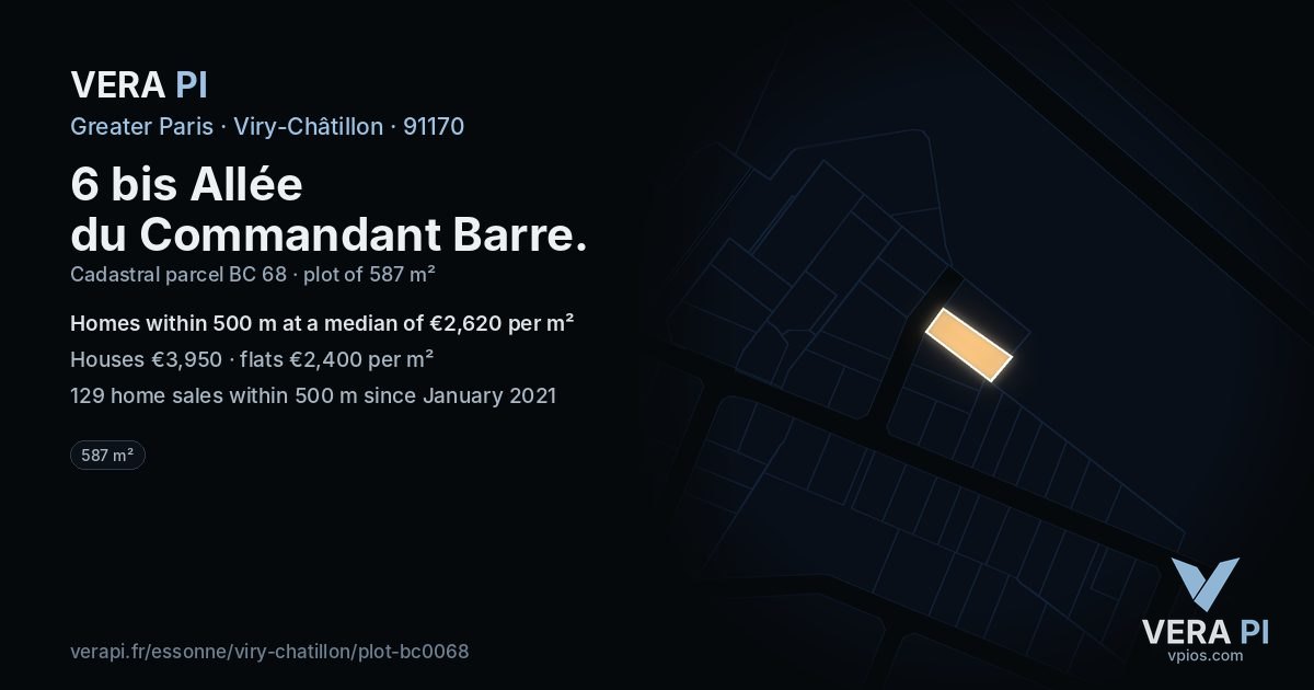 6 bis Allée du Commandant Barre, Viry-Châtillon at night – the plot lit, the parcels around coloured by the prices near them