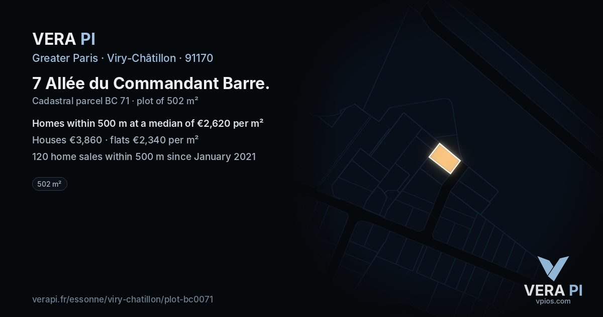 7 Allée du Commandant Barre, Viry-Châtillon at night – the plot lit, the parcels around coloured by the prices near them