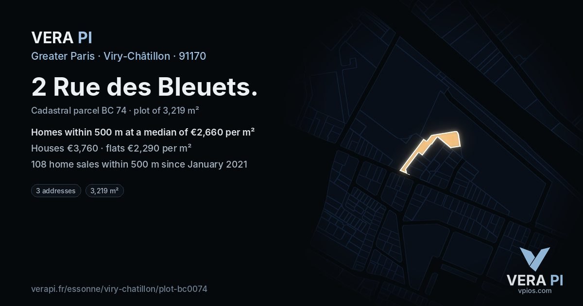 2 Rue des Bleuets, Viry-Châtillon at night – the plot lit, the parcels around coloured by the prices near them