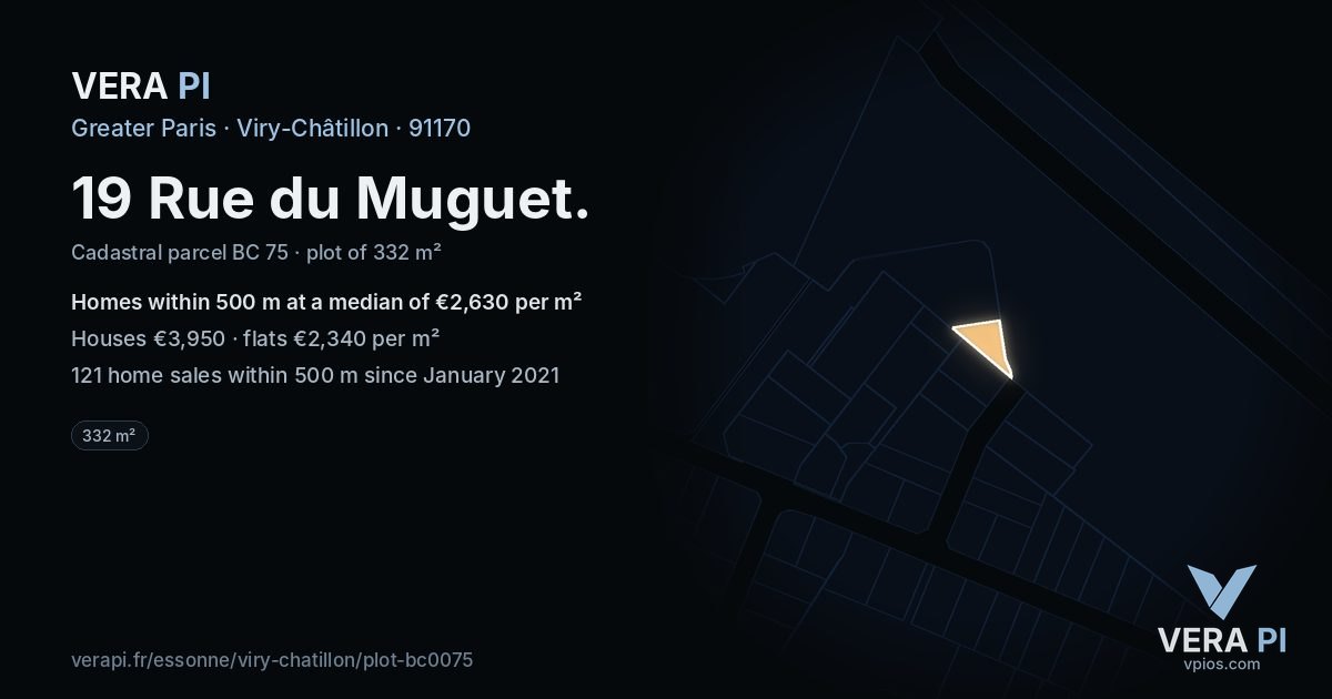 19 Rue du Muguet, Viry-Châtillon at night – the plot lit, the parcels around coloured by the prices near them