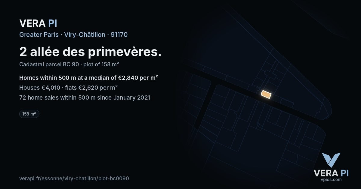 2 allée des primevères, Viry-Châtillon at night – the plot lit, the parcels around coloured by the prices near them