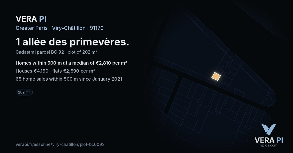 1 allée des primevères, Viry-Châtillon at night – the plot lit, the parcels around coloured by the prices near them