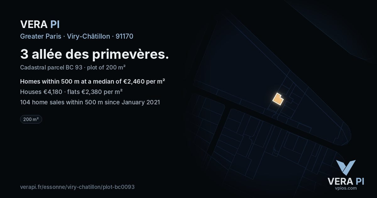 3 allée des primevères, Viry-Châtillon at night – the plot lit, the parcels around coloured by the prices near them