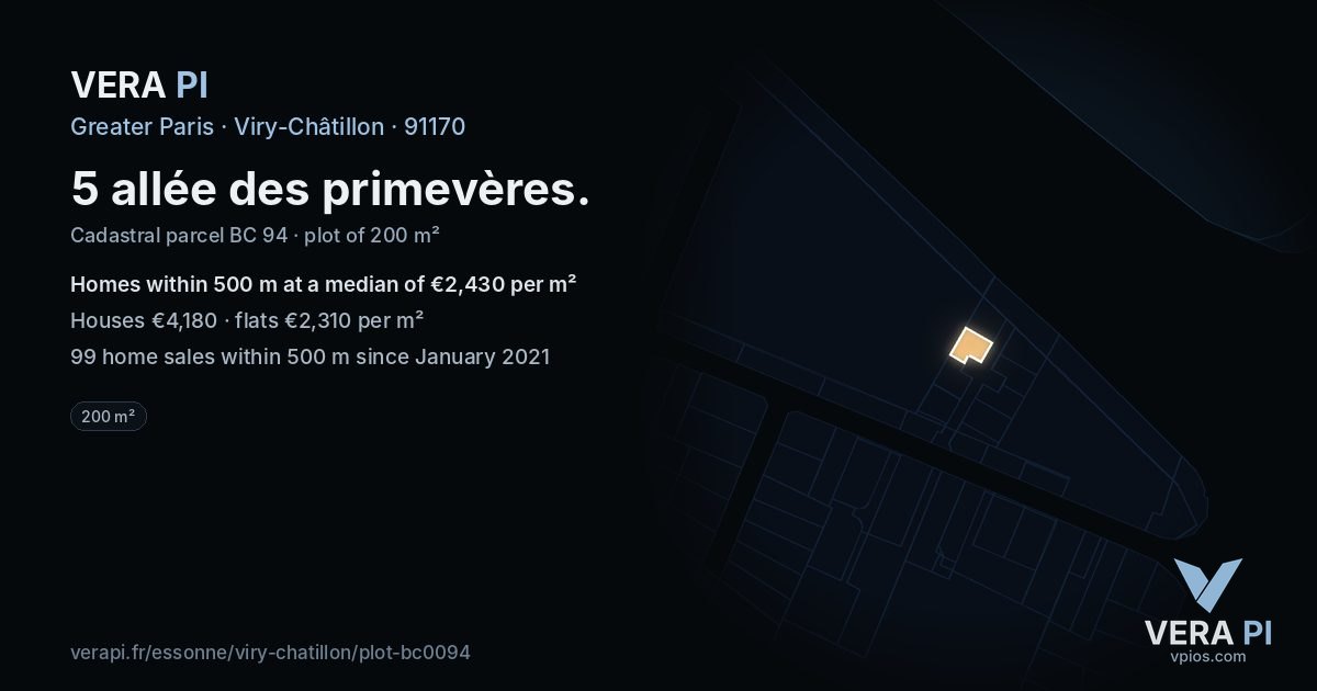 5 allée des primevères, Viry-Châtillon at night – the plot lit, the parcels around coloured by the prices near them