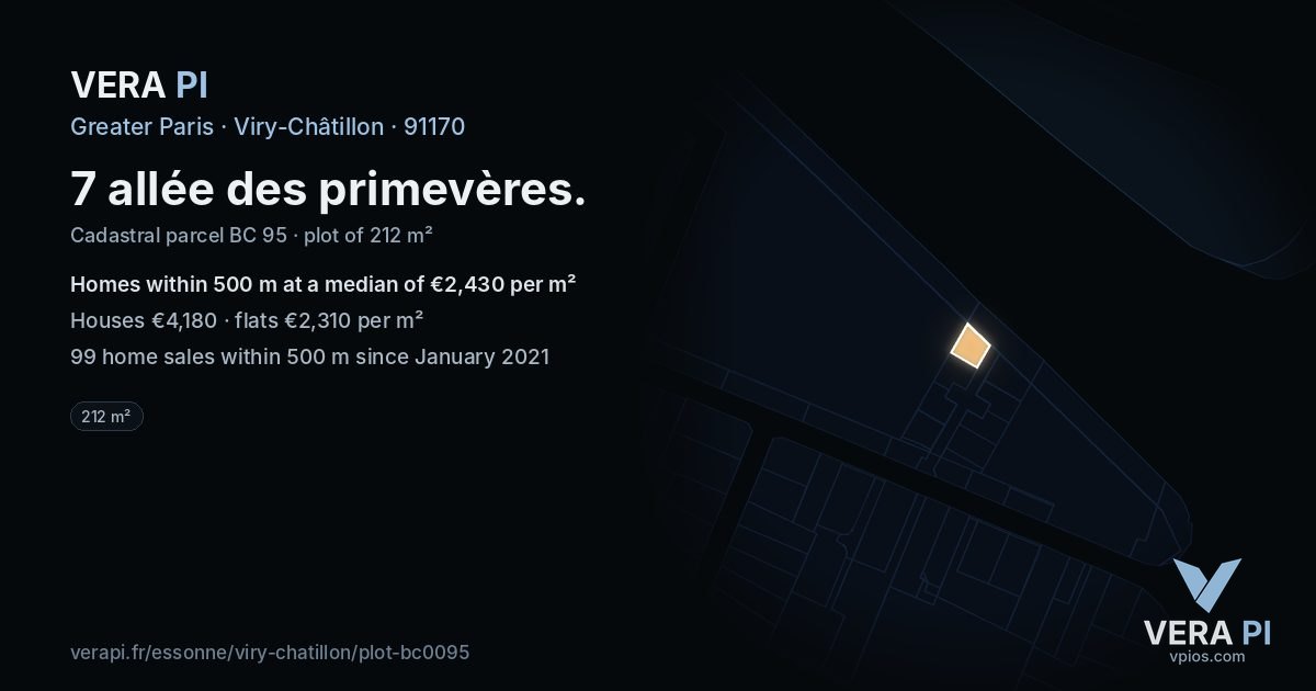 7 allée des primevères, Viry-Châtillon at night – the plot lit, the parcels around coloured by the prices near them