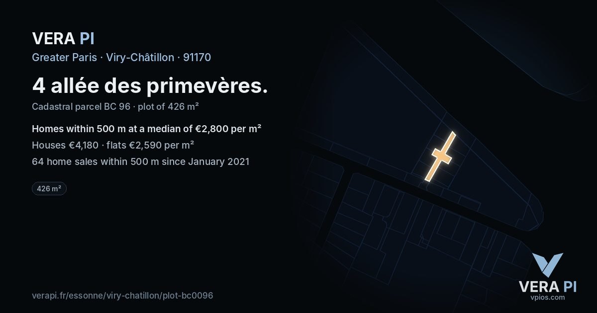 4 allée des primevères, Viry-Châtillon at night – the plot lit, the parcels around coloured by the prices near them