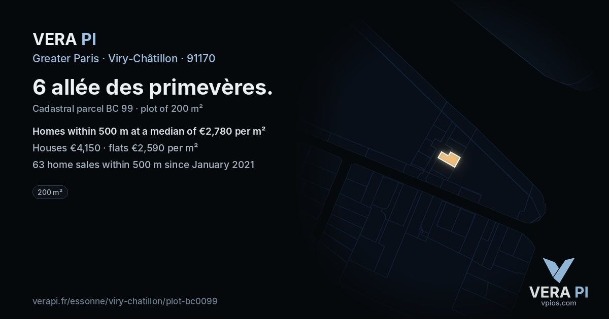 6 allée des primevères, Viry-Châtillon at night – the plot lit, the parcels around coloured by the prices near them