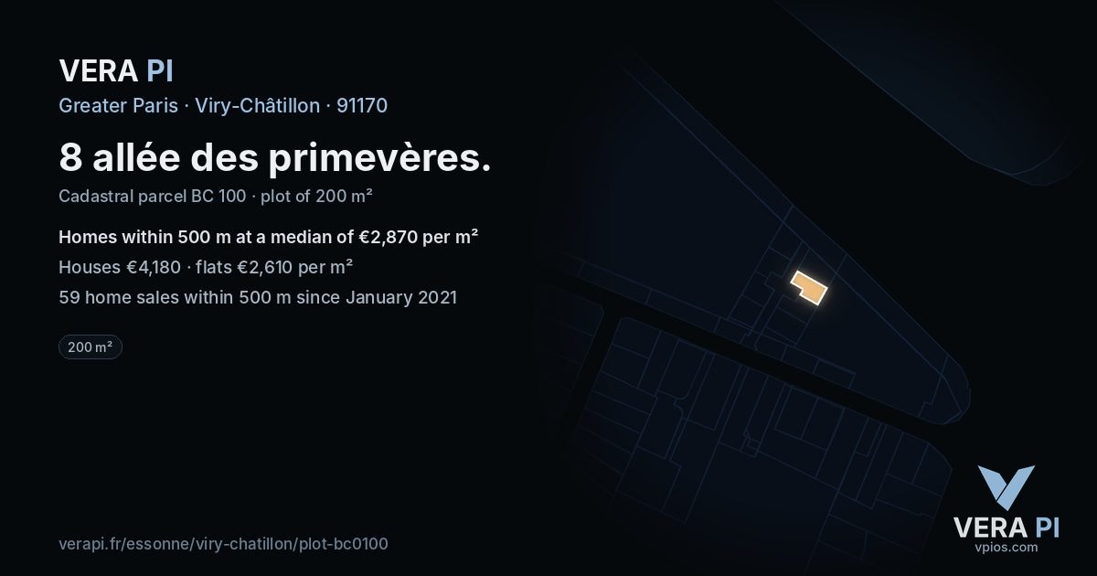 8 allée des primevères, Viry-Châtillon at night – the plot lit, the parcels around coloured by the prices near them