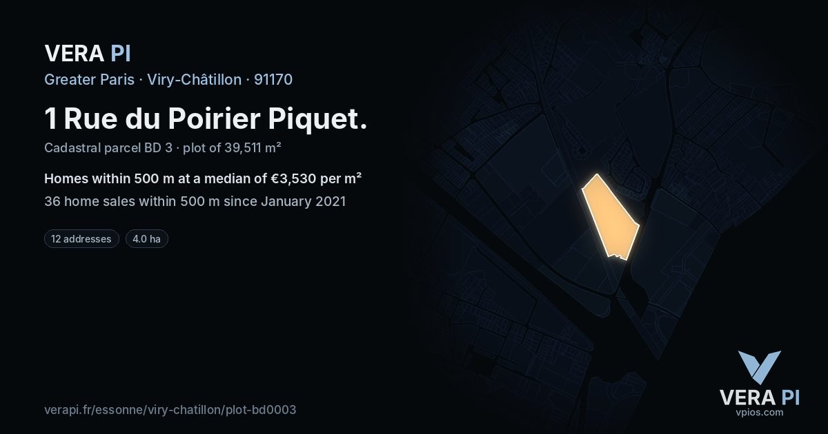 1 Rue du Poirier Piquet, Viry-Châtillon at night – the plot lit, the parcels around coloured by the prices near them