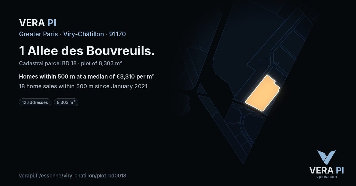 1 Allee des Bouvreuils, Viry-Châtillon at night – the plot lit, the parcels around coloured by the prices near them