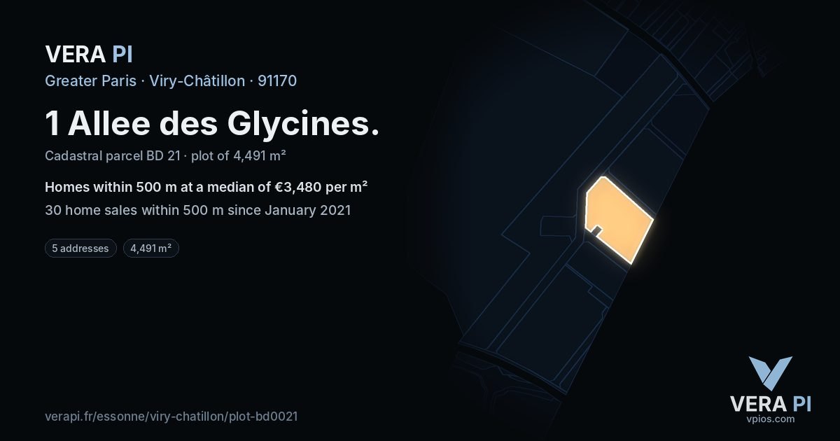 1 Allee des Glycines, Viry-Châtillon at night – the plot lit, the parcels around coloured by the prices near them