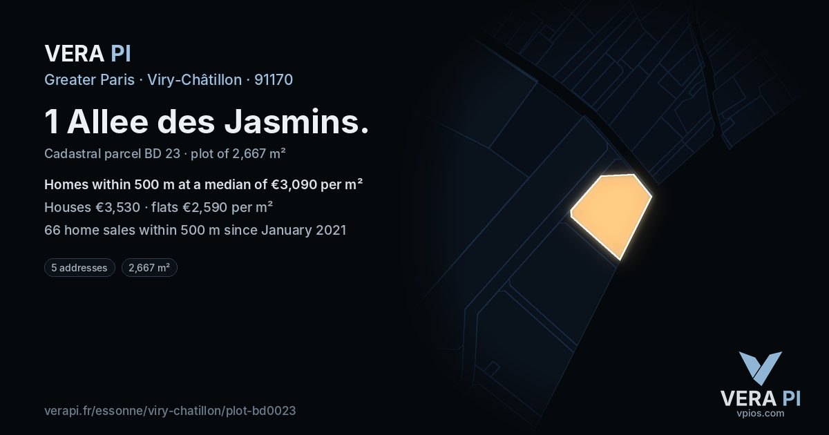 1 Allee des Jasmins, Viry-Châtillon at night – the plot lit, the parcels around coloured by the prices near them