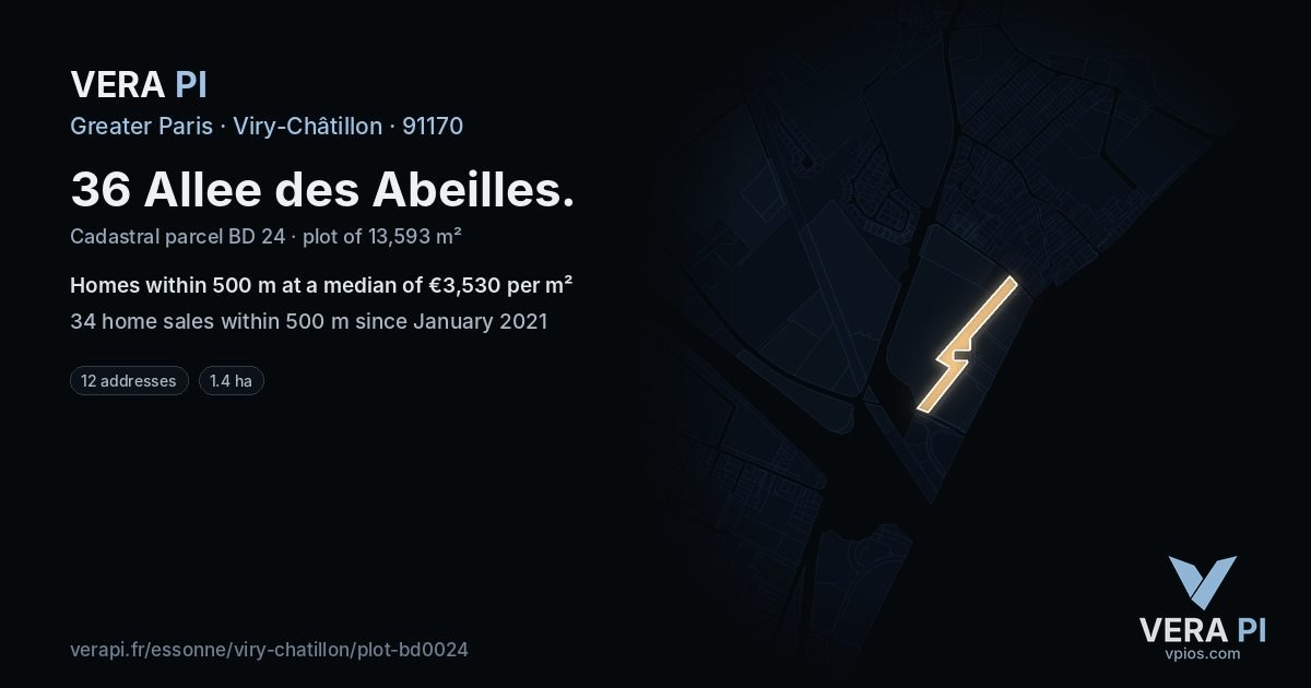 36 Allee des Abeilles, Viry-Châtillon at night – the plot lit, the parcels around coloured by the prices near them