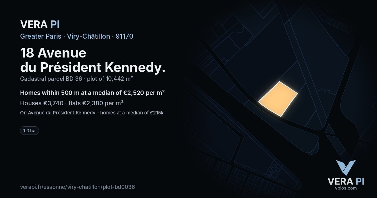 18 Avenue du Président Kennedy, Viry-Châtillon at night – the plot lit, the parcels around coloured by the prices near them