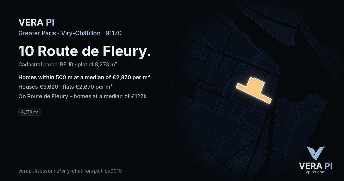10 Route de Fleury, Viry-Châtillon at night – the plot lit, the parcels around coloured by the prices near them