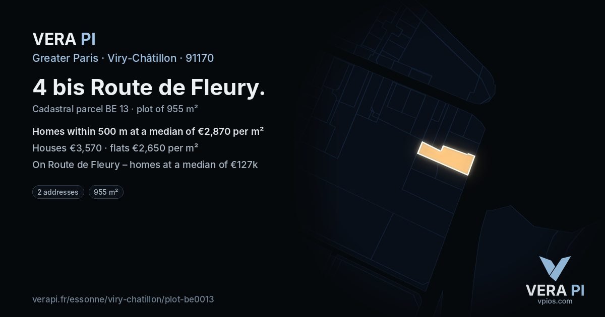 4 bis Route de Fleury, Viry-Châtillon at night – the plot lit, the parcels around coloured by the prices near them