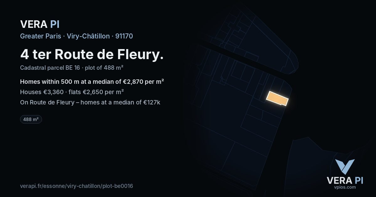 4 ter Route de Fleury, Viry-Châtillon at night – the plot lit, the parcels around coloured by the prices near them