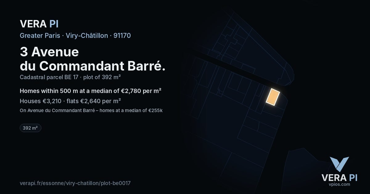 3 Avenue du Commandant Barré, Viry-Châtillon at night – the plot lit, the parcels around coloured by the prices near them